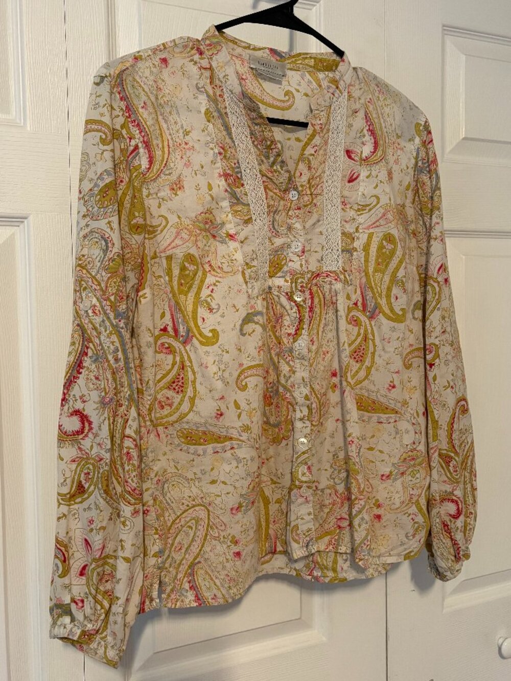 Crochet V-Neck Cream Paisley Top Soft Cotton Peasant Sleeves Boho Cottagecore M